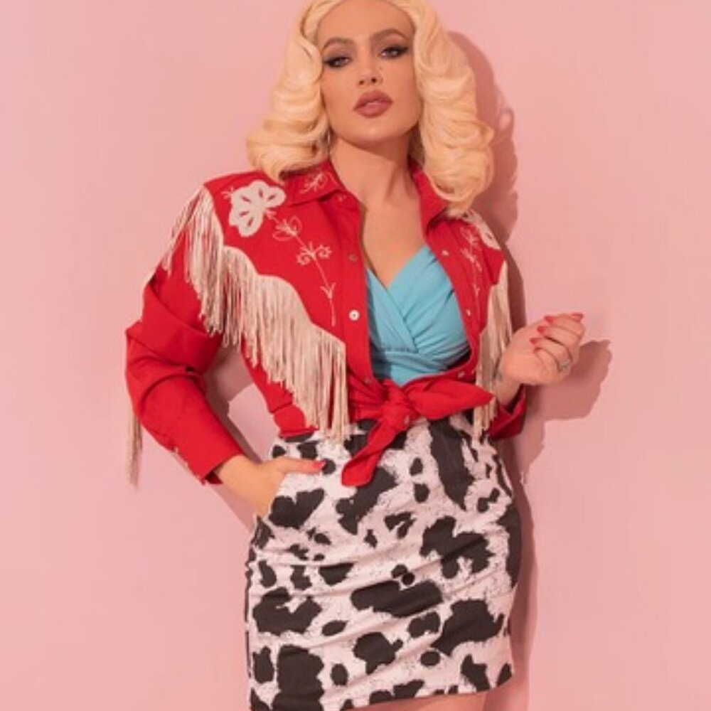 Vixen Micheline Pitt Rebel Skirt Cow Print Sz Medium